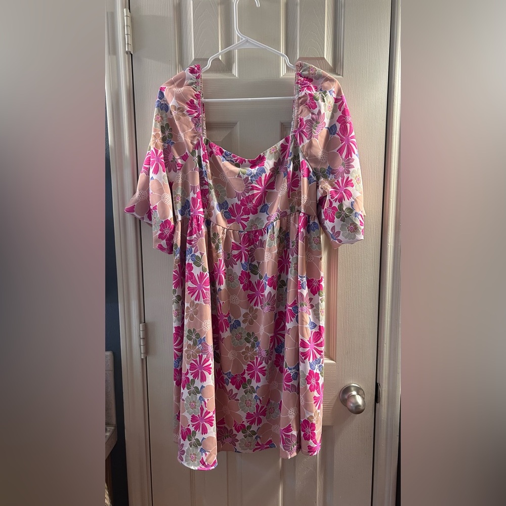 Floral Pink Beige Boho Mini Dress